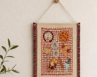 Hand Woven Mini Wall Tapestry, Picnic Embroidery Textile Art, Boho Cottagecore Wall Decor, Small Fabric Hanging, Cozy Home Gift Decor