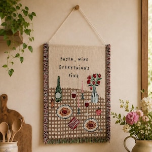 Italian Kitchen Wall Hanging Woven Tapestry Pasta Wine Decor Small Textile Wall Art Cozy Dining Room Decor Handmade Style Gift Idea