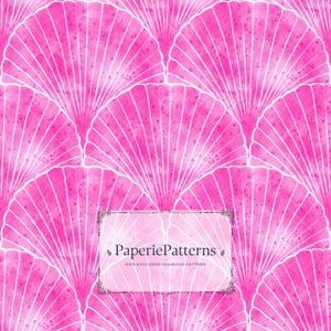 May include: A seamless repeating pattern featuring vibrant pink watercolor fan-shaped shells with white line details. A central rectangular label with decorative corners displays the text PaperiePatterns and NON-EXCLUSIVE SEAMLESS PATTERN.