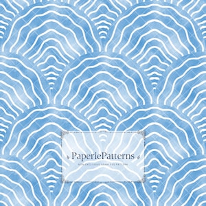 May include: A seamless pattern featuring a watercolor design in shades of blue. The pattern consists of overlapping semi-circles with white wavy lines, creating a textured effect. The text "PaperiePatterns" is displayed in a decorative frame.