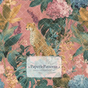 May include: A seamless digital pattern featuring a cheetah standing among lush tropical foliage, including large green monstera leaves and pink hydrangea flowers on a dusty rose background. The text PaperiePatterns is centered.