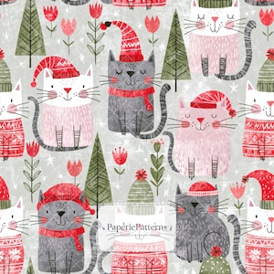 May include: A seamless pattern featuring illustrated cats wearing red and green winter hats and scarves, interspersed with stylised green pine trees and red tulips on a light grey background. The text PapériePatterns is centred.
