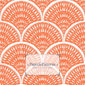 May include: A seamless pattern featuring repeating orange semicircular fan shapes with white radiating lines and dashes. A rectangular label in the center displays the text PaperiePatterns and the words NON-EXCLUSIVE SEAMLESS PATTERN.