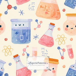 May include: A seamless pattern featuring watercolour illustrations of laboratory glassware including beakers, flasks, and test tubes with smiling faces, interspersed with colourful molecular structures, atoms, and small dots on a cream background.