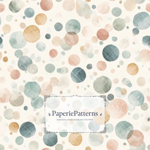 May include: A seamless pattern featuring watercolour circles in shades of muted blue, dusty rose, and soft ochre on a cream background. A rectangular frame in the centre contains the text PaperiePatterns and NON-EXCLUSIVE SEAMLESS PATTERN.