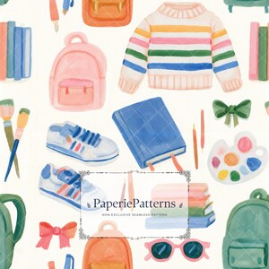Op de afbeelding: Een naadloos patroon met aquarelillustraties van schoolspullen en kleding, waaronder een gestreepte trui, witte sneakers, rugzakken, boeken, penselen, een palet, strikken en een roze zonnebril, met de tekst PaperiePatterns.