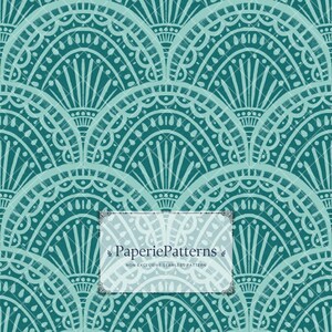 Art Deco Fan Scallop Seamless Pattern – Dark Teal Ornamental Shell Digital Paper, Boho Geometric Repeat Design