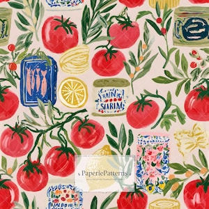 May include: A seamless pattern featuring red tomatoes on green vines, yellow lemon slices, and various rectangular food tins with blue and white illustrations. The design includes small fish motifs and text on the tins against a light pink background.