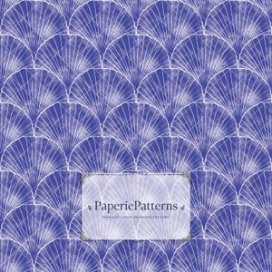 May include: A seamless pattern with a repeating fan design in white on a deep blue backdrop. The pattern has a watercolour effect, with soft edges and subtle shading. The text "PaperiePatterns" is displayed within a rectangular frame.