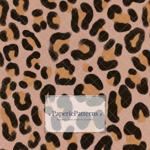 May include: A seamless leopard print pattern featuring dark brown and tan spots on a muted pink background. A rectangular label in the center displays the text PaperiePatterns and the phrase NON-EXCLUSIVE SEAMLESS PATTERN in dark blue.