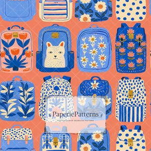Puede incluir: Un patrón sin costuras que muestra varias mochilas azules sobre un fondo coral. Los diseños incluyen motivos florales, lunares, rayas, caras de animales y estampados de leopardo. Una etiqueta central muestra el texto PaperiePatterns.