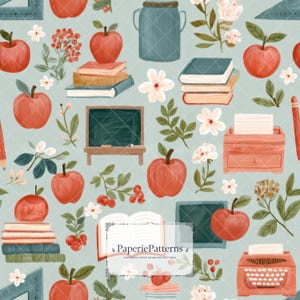 Wzór na jabłko nauczyciela bez szwu do pobrania w wersji cyfrowej - Vintage Books Chalkboard Typewriter na szałwii, tkaniny i dekoracje do szkół