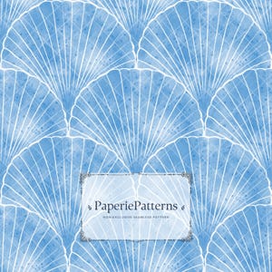May include: Seamless pattern with a light blue watercolor background and white fan-shaped designs. The pattern repeats across the image. The text "PaperiePatterns" and "NON-EXCLUSIVE SEAMLESS PATTERN" are displayed in a rectangular frame.
