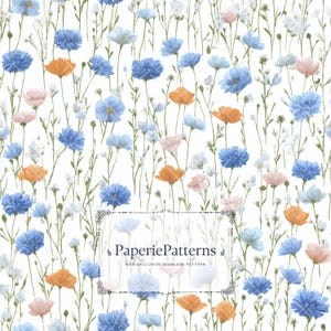 May include: A seamless pattern featuring a field of watercolor flowers in shades of blue, orange, and pink against a white background. The flowers are of varying sizes and shapes, with delicate green stems. The text "PaperiePatterns" is visible.