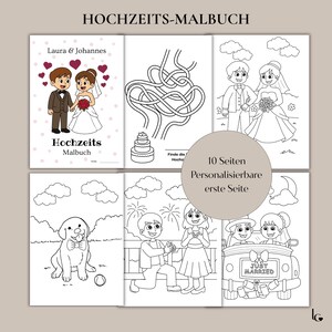 Può includere: Un libro da colorare a tema matrimonio con diverse pagine che presentano illustrazioni in bianco e nero di una sposa e uno sposo, un cane, un labirinto e un'auto con la scritta "JUST MARRIED". La copertina include "Laura & Johannes".