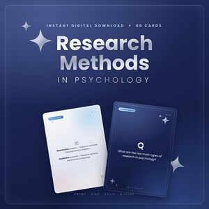 Op de afbeelding: Een set van 80 digitale studiekaarten getiteld Research Methods in Psychology. De kaarten hebben een donkerblauwe achtergrond met zilverkleurige tekst en steraccenten. Eén kaart toont de vraag What are the two main types of research in psychology?