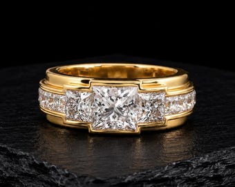 Luxury Men's Princess Cut Moissanite Ring, 14K Gold Wedding Band, Statement Engagement Ring for Him, Diamond Anniversary Gift for Men