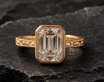 Emerald Cut Moissanite Ring, Vintage Art Deco Women Engagement Ring, Solid Gold Bezel Set Bridal Ring, Unique Handmade Anniversary Gift