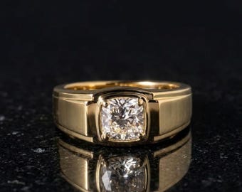 Cushion Cut Moissanite Men Ring, 14K Gold Wedding Band for Him, Luxury Men Minimalist Diamond Engagement Ring, Modern Statement Jewelry Gift