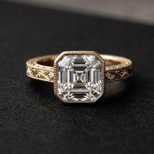 Hand Made Vintage Asscher Cut Moissanite Ring, Art Deco Engagement Ring, Antique Gold Wedding Ring, Unique Bridal Promise Ring For Her