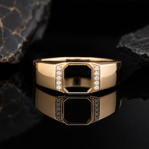 May include: A polished gold ring featuring a central octagonal setting. The ring is accented with five small, clear, round-cut stones set vertically on each side of the central opening, creating a symmetrical and refined appearance.