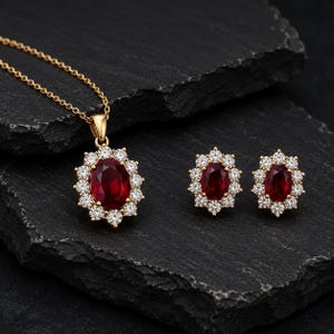 Könnte beinhalten: Ein Set aus einer Goldhalskette und passenden Ohrsteckern mit oval geschliffenen, tiefroten Rubinen, die von einem Kranz aus kleinen, klaren, rund geschliffenen weißen Diamanten umgeben sind. Die Schmuckstücke haben Fassungen aus Gelbgold.