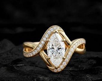 Moissanit Marquise-ring för kvinnor, förlovningsring i massivt guld med bladvin | Vigselring med blommig diamant | Unik löfte-ring som present till henne