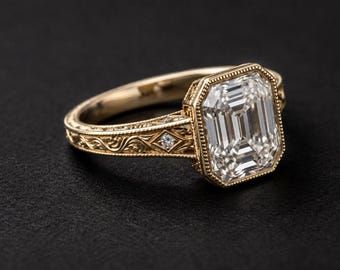 Hand Made Vintage Asscher Cut Moissanite Ring, Art Deco Engagement Ring, Antique Gold Wedding Ring, Unique Bridal Promise Ring For Her
