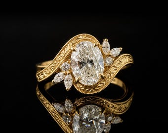 Handmade Vintage Art Deco Ring, Oval Cut Moissanite Engagement Ring, Hand Engraving Leafy Ring, 14K Solid Yellow Gold By Pass Milgrain Ring