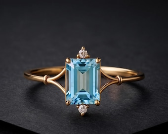 Blue Topaz Emerald Cut Ring, Gold Solitaire Ring, Moissanite Accent Gemstone Ring, Vintage Inspired Statement Ring, Elegant Women’s Jewelry