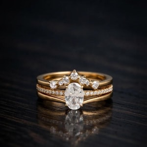 Oval Moissanite Bridal Ring Set, Solid Yellow Gold 3 Piece Wedding Ring Set, Stackable Engagement Ring, Women Handmade Gift for Her