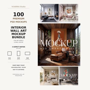 Puede incluir: Un paquete digital de 100 maquetas PSD premium para arte de pared interior de VOARMA Studio. El gráfico muestra varios entornos con arte enmarcado, incluyendo relaciones de aspecto cuadradas, verticales y horizontales con objetos inteligentes.