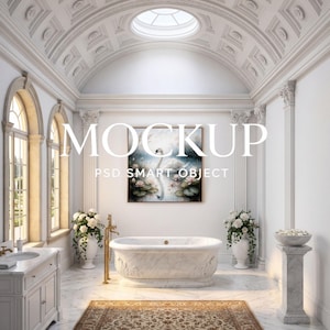May include: A luxurious bathroom mockup with a marble bathtub, ornate ceiling, and a framed painting. The room features large windows, white floral arrangements, and a patterned rug. The text "MOCKUP PSD SMART OBJECT" is displayed prominently.