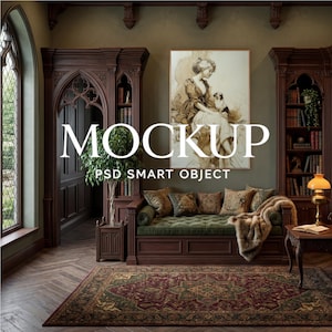 May include: A rectangular wall art mockup featuring a sepia-toned illustration of a person with a small dog. The artwork is displayed in a room with dark wood bookshelves, a green tufted bench, a patterned rug, and a window with leaded glass.