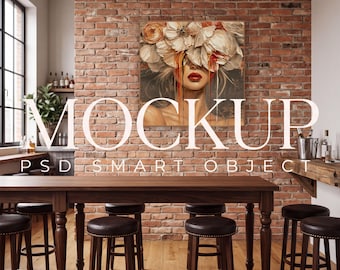Industrial Dining Room Wall Art Mockup, Rustic Loft Room Interior Display, Vertical Horizontal Frame Poster Mockup, Photoshop PSD Template