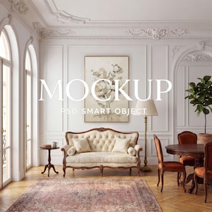 May include: A room interior with a vintage style. The room features a tufted sofa, a round dining table with chairs, and a floral painting. The text "MOCKUP PSD SMART OBJECT" is displayed on the wall. A patterned rug covers the floor.