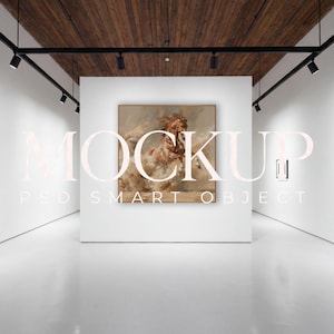 May include: A square framed painting of a brown horse running through dust, displayed on a white wall in a gallery setting with track lighting and a wooden ceiling. The image features the text MOCKUP PSD SMART OBJECT overlaid in white.