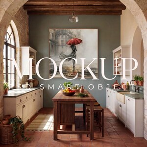 May include: A kitchen interior featuring white cabinetry, a wooden island with stools, and a large square wall art piece depicting a person holding a red umbrella in a city scene. The text MOCKUP SMART OBJECT is overlaid in white across the center.