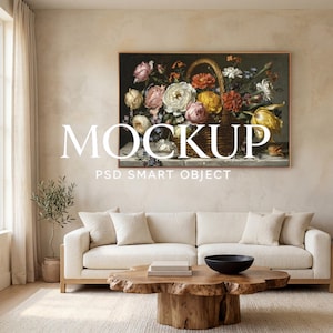 May include: A rectangular wall art print featuring a still life oil painting of a woven basket filled with colourful flowers including white, pink, yellow, and orange blooms. The text MOCKUP PSD SMART OBJECT is overlaid in white capital letters.