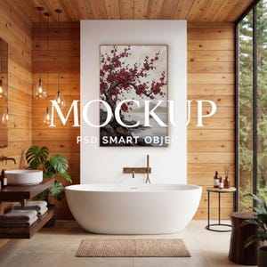Può includere: Un bagno moderno con una vasca ovale bianca, un dipinto incorniciato di un albero in fiore rosso e pannelli di legno. L'immagine include il testo "MOCKUP PSD SMART OBJECT". La stanza è decorata con piante e un tavolino.