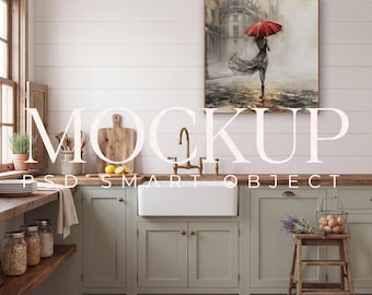 Farmhouse Kitchen Wall Art Mockup, White Shiplap Kitchen Room Interior Display, Vertical Horizontal Square Frame Poster Mockup, PSD Template
