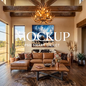Luxury Western Living Room Wall Art Mockup, Rustic Lodge Interior, Vertical Horizontal Frame Poster Mockup, Photopea Photoshop PSD Template
