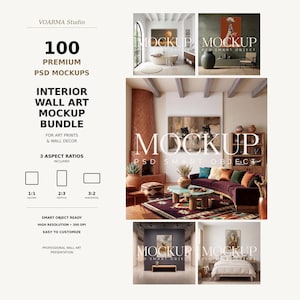 Op de afbeelding: Een digitaal pakket van 100 premium PSD-mockups voor wandkunst, met diverse kamerinstellingen zoals woonkamers, slaapkamers en badkamers. De collectie bevat drie beeldverhoudingen: 1:1 vierkant, 2:3 verticaal en 3:2 horizontaal.