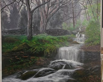 Opera d'arte originale, cascata, foresta nebbiosa, atmosfera, dipinto di paesaggio, opera su tela realizzata a mano, decorazione foresta nebbiosa, arte da parete per soggiorno, belle arti