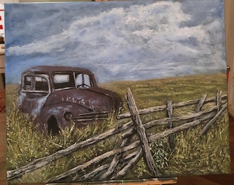 original art, fine arts, nostalgia, old car,nostalgic classic truck and countryside scenery,rustic wall decor,original acrylic landscape