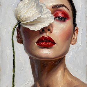Op de afbeelding: Een olieverfschilderij op doek met een gezicht met felrode oogschaduw en bijpassende rode lippenstift. Een enkele witte bloem met dikke, getextureerde penseelstreken bedekt één oog, terwijl een lange groene steel verticaal langs de zijkant loopt.