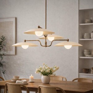 Large Circular Brass Pendant Light, 4 Milk Glass Chandelier, Minimalist Multi-Arm Ceiling Lighting for Luxury Home Decor