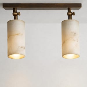 May include: A dual-light ceiling fixture featuring a rectangular dark bronze mounting plate and two cylindrical alabaster shades. Each shade is attached to the base with an adjustable bronze swivel joint, allowing for directional light output.