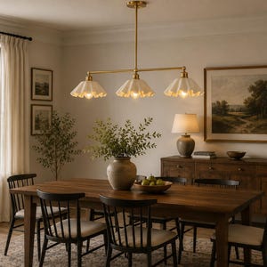 A linear chandelier featuring a brass finish rod and three white, fluted, scalloped-edge glass shades. The fixture is suspended from the ceiling by a single central rod, providing downward illumination over a dining area.