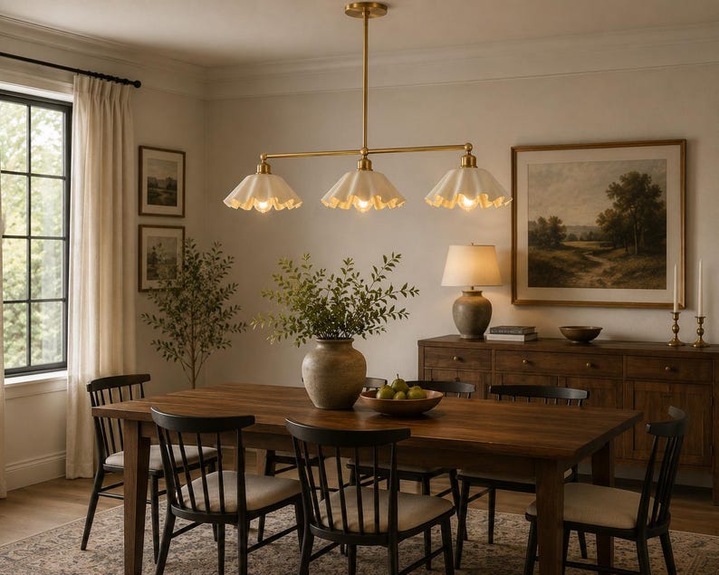 A linear chandelier featuring a brass finish rod and three white, fluted, scalloped-edge glass shades. The fixture is suspended from the ceiling by a single central rod, providing downward illumination over a dining area.